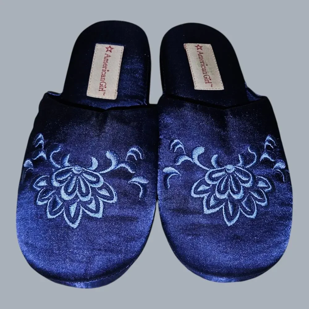 American Girl Girls Navy Blue Satin Embroidered Floral Slip-On Slippers Size 1-3